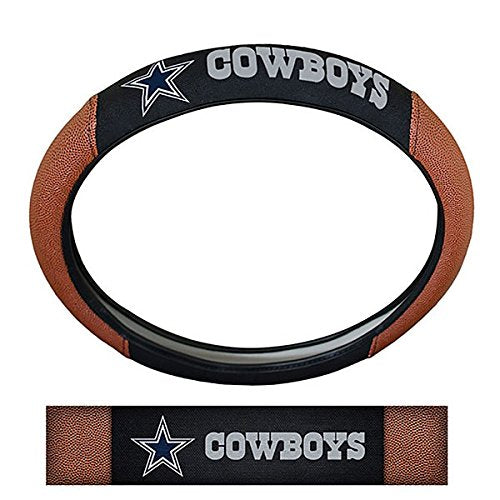 NFL Fan Shop Auto Bundle. Premium Pigskin Leather Accented Steering Wheel Cover with Embroidered Team Name and Logo along with a 3-Pack of Team Helmet Air Fresheners