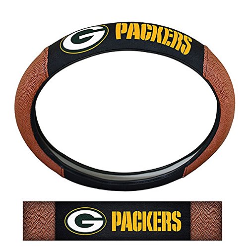 NFL Fan Shop Auto Bundle. Premium Pigskin Leather Accented Steering Wheel Cover with Embroidered Team Name and Logo along with a 3-Pack of Team Helmet Air Fresheners