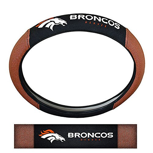 NFL Fan Shop Auto Bundle. Premium Pigskin Leather Accented Steering Wheel Cover with Embroidered Team Name and Logo along with a 3-Pack of Team Helmet Air Fresheners