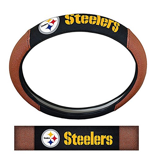 NFL Fan Shop Auto Bundle. Premium Pigskin Leather Accented Steering Wheel Cover with Embroidered Team Name and Logo along with a 3-Pack of Team Helmet Air Fresheners