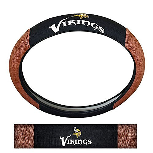 NFL Fan Shop Auto Bundle. Premium Pigskin Leather Accented Steering Wheel Cover with Embroidered Team Name and Logo along with a 3-Pack of Team Helmet Air Fresheners