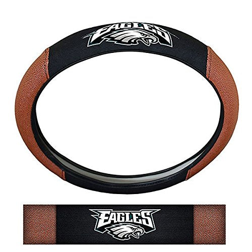 NFL Fan Shop Auto Bundle. Premium Pigskin Leather Accented Steering Wheel Cover with Embroidered Team Name and Logo along with a 3-Pack of Team Helmet Air Fresheners