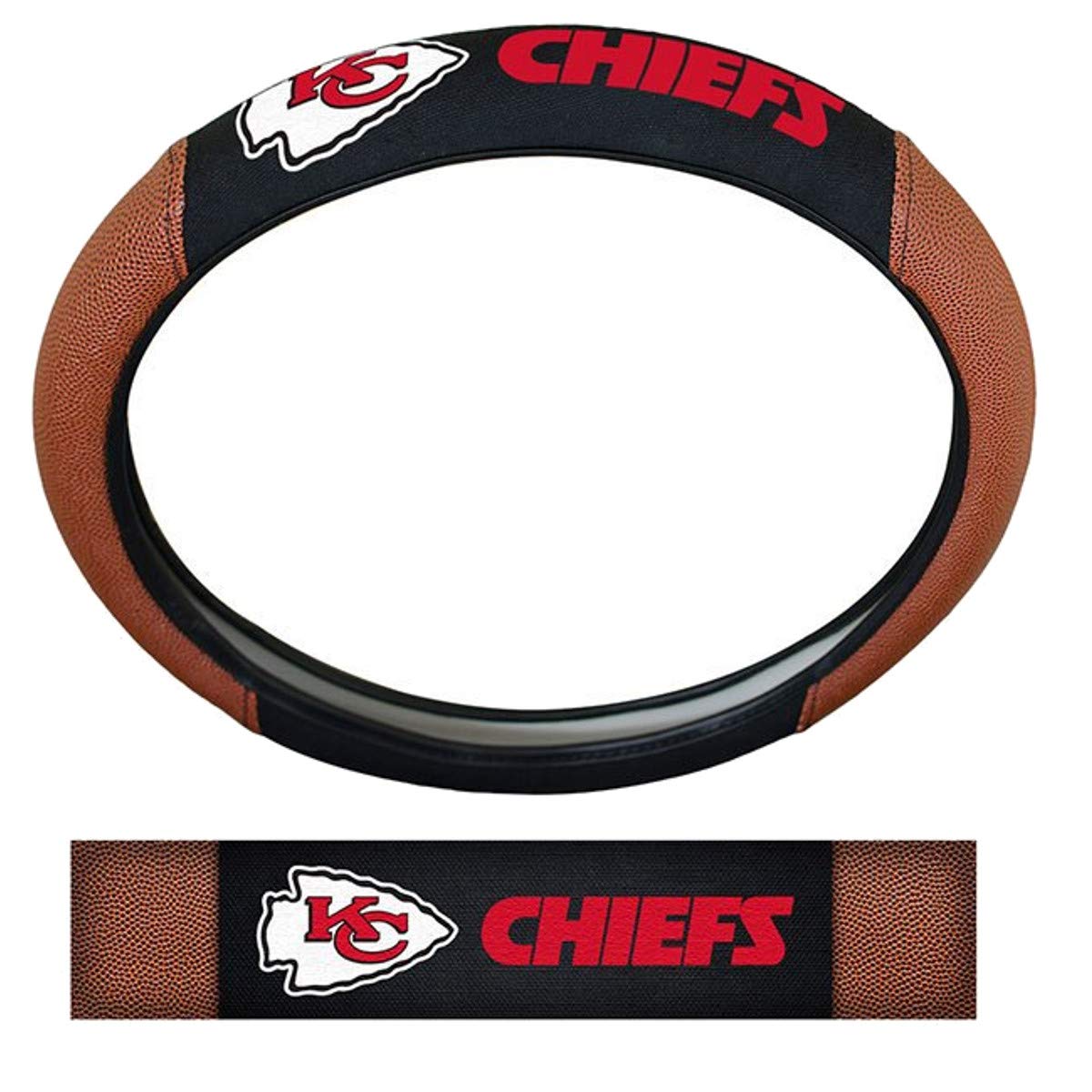 NFL Fan Shop Auto Bundle. Premium Pigskin Leather Accented Steering Wheel Cover with Embroidered Team Name and Logo Along with a 3-Pack of Team Helmet Air Fresheners (Kansas City Chiefs)