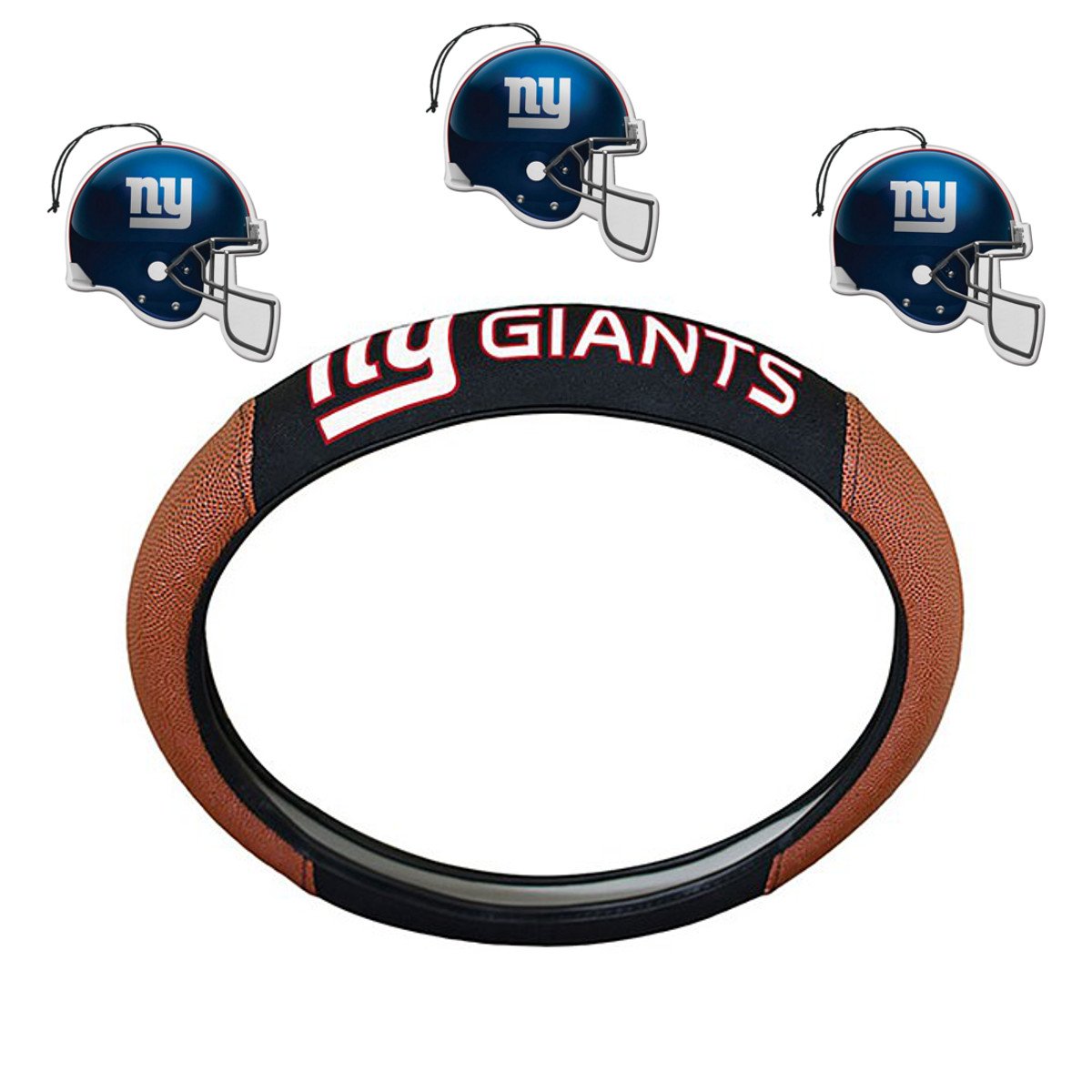 NFL Fan Shop Auto Bundle. Premium Pigskin Leather Accented Steering Wheel Cover with Embroidered Team Name and Logo along with a 3-Pack of Team Helmet Air Fresheners