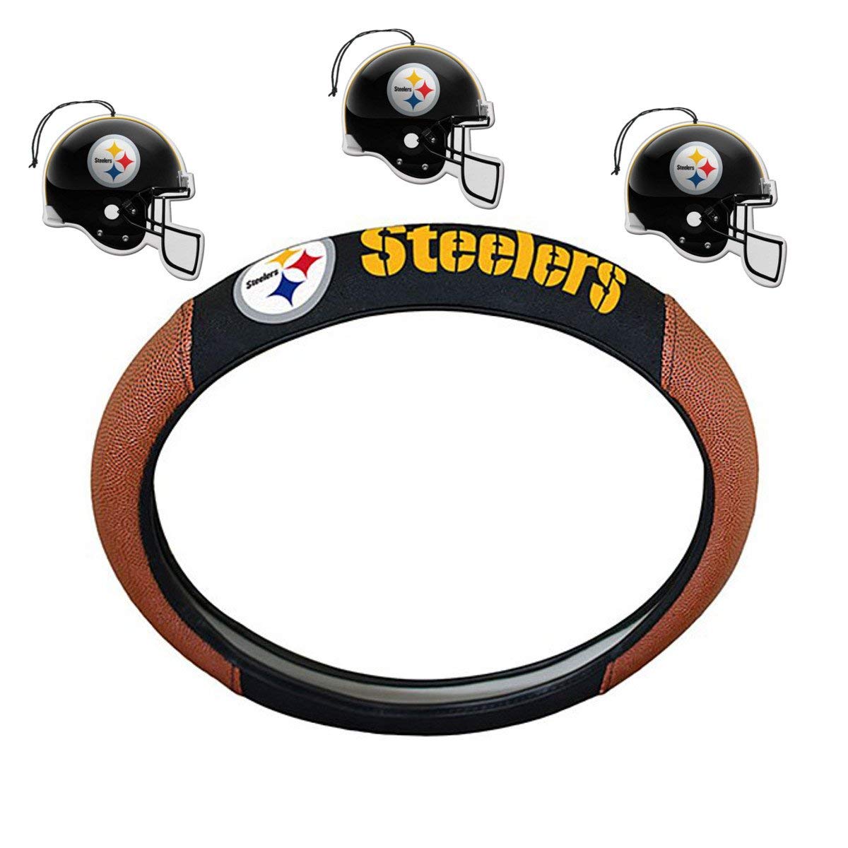 NFL Fan Shop Auto Bundle. Premium Pigskin Leather Accented Steering Wheel Cover with Embroidered Team Name and Logo along with a 3-Pack of Team Helmet Air Fresheners