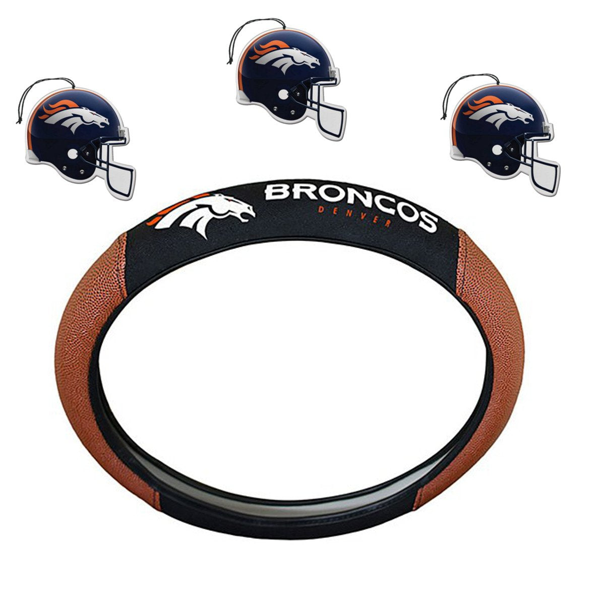 NFL Fan Shop Auto Bundle. Premium Pigskin Leather Accented Steering Wheel Cover with Embroidered Team Name and Logo along with a 3-Pack of Team Helmet Air Fresheners