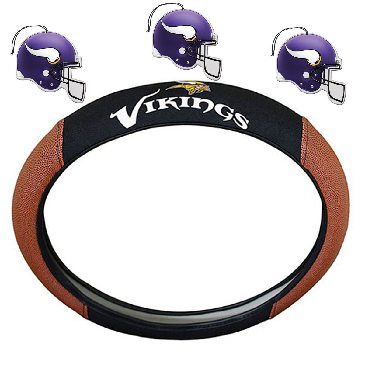 NFL Fan Shop Auto Bundle. Premium Pigskin Leather Accented Steering Wheel Cover with Embroidered Team Name and Logo along with a 3-Pack of Team Helmet Air Fresheners