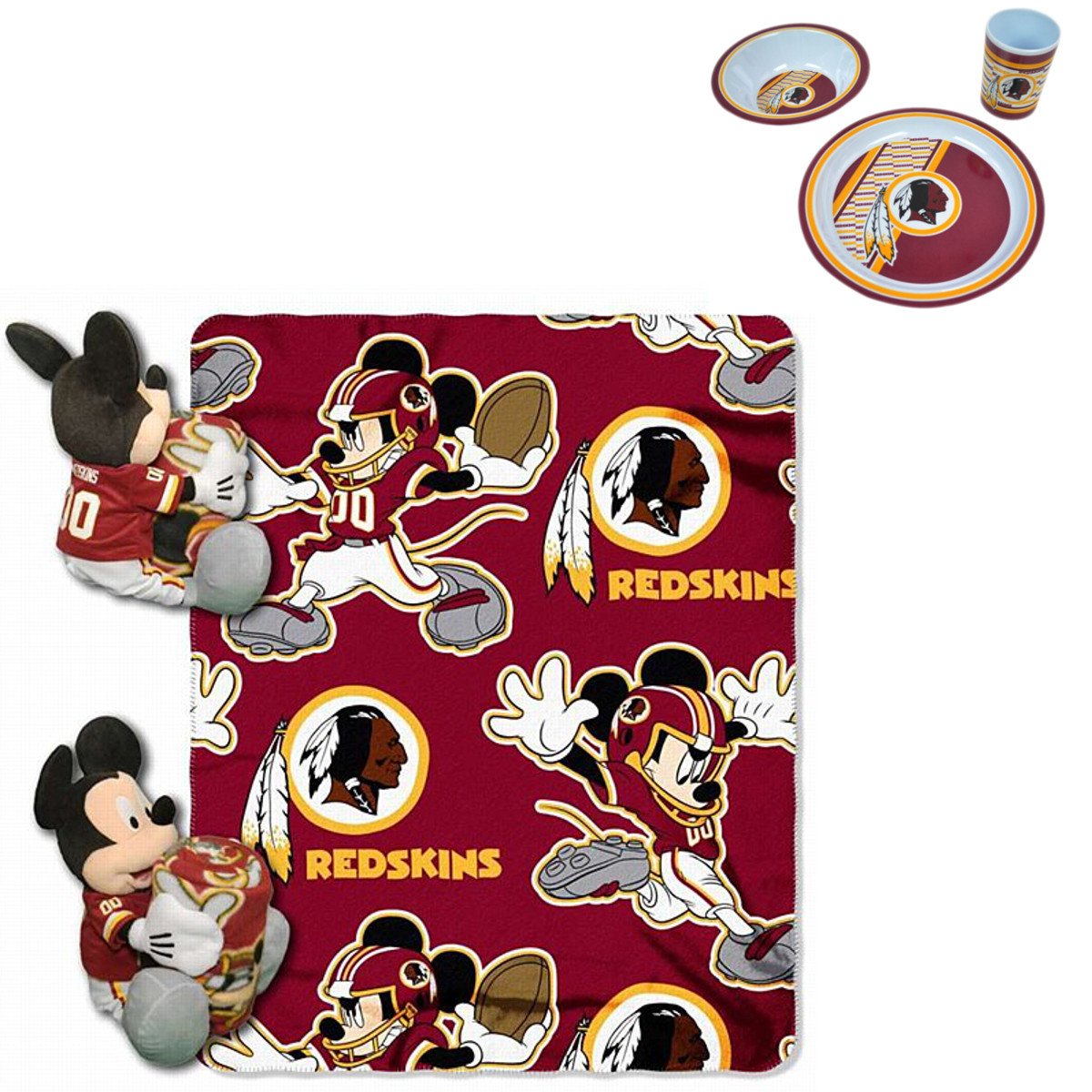 Northwest/Duck House Sports Official National Football League and Disney Fan Shop Authentic NFL Mickey Mouse Hugger Stuff Toy, Blanket and 3-Piece Dinner or Lunch Set Bundle