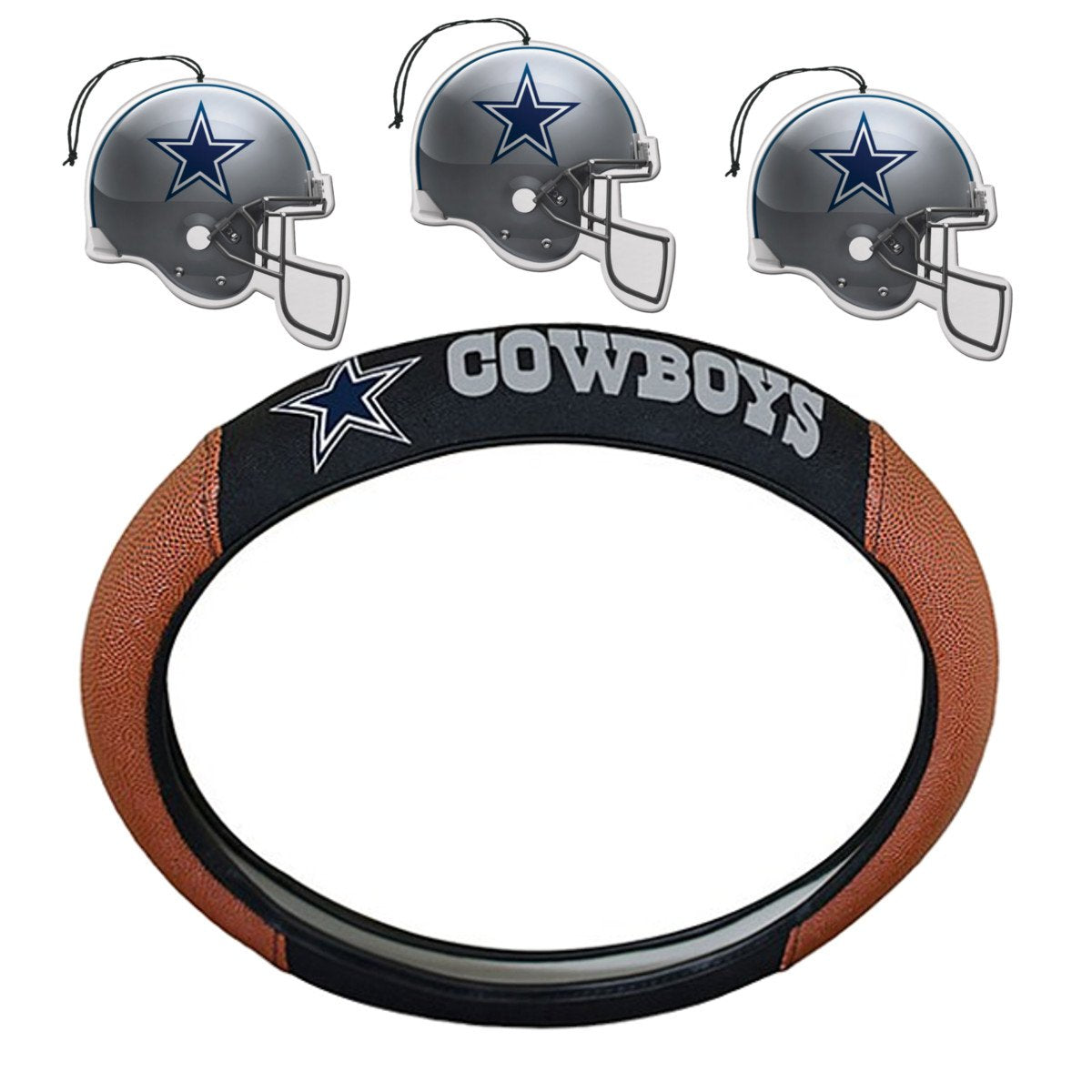 NFL Fan Shop Auto Bundle. Premium Pigskin Leather Accented Steering Wheel Cover with Embroidered Team Name and Logo along with a 3-Pack of Team Helmet Air Fresheners