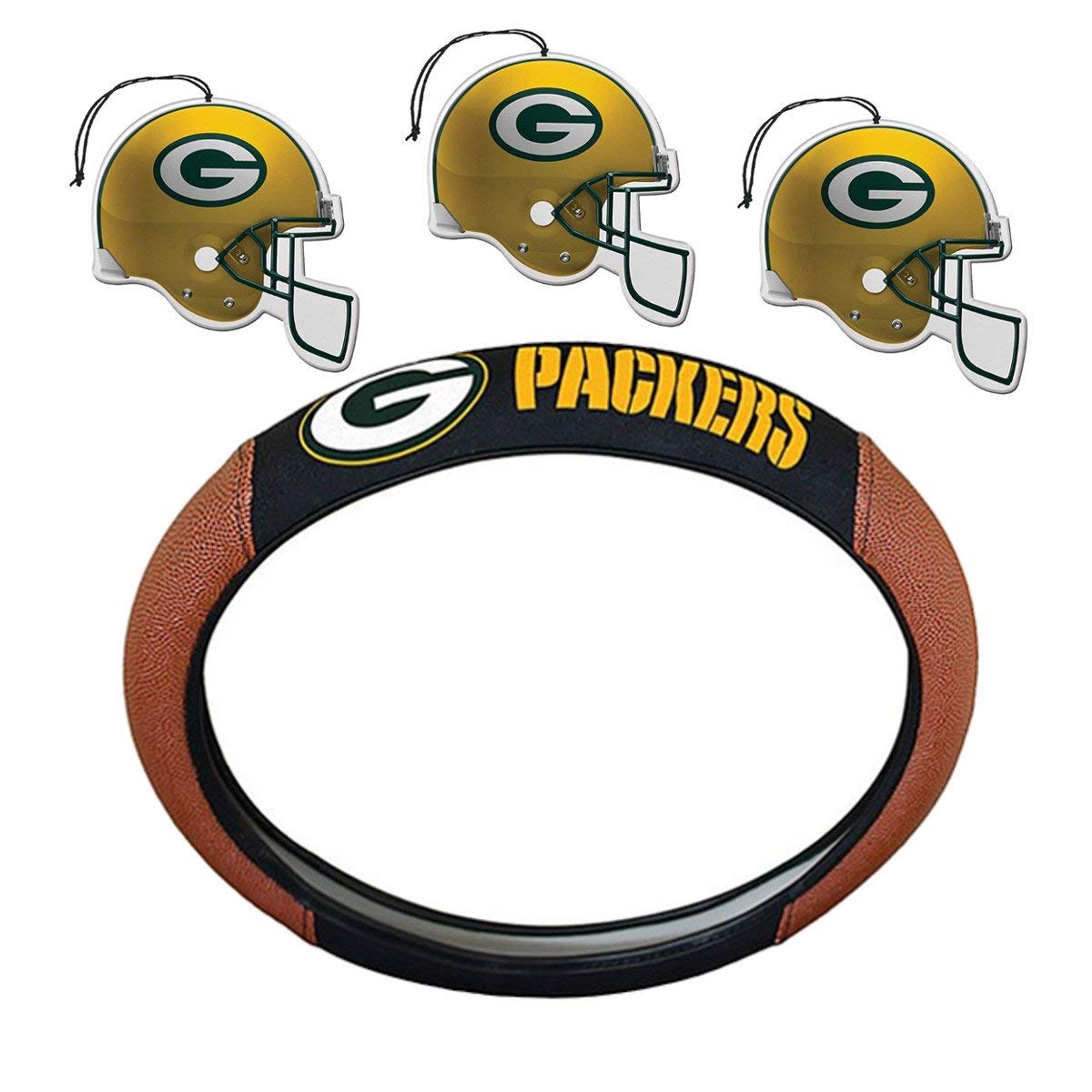 NFL Fan Shop Auto Bundle. Premium Pigskin Leather Accented Steering Wheel Cover with Embroidered Team Name and Logo along with a 3-Pack of Team Helmet Air Fresheners