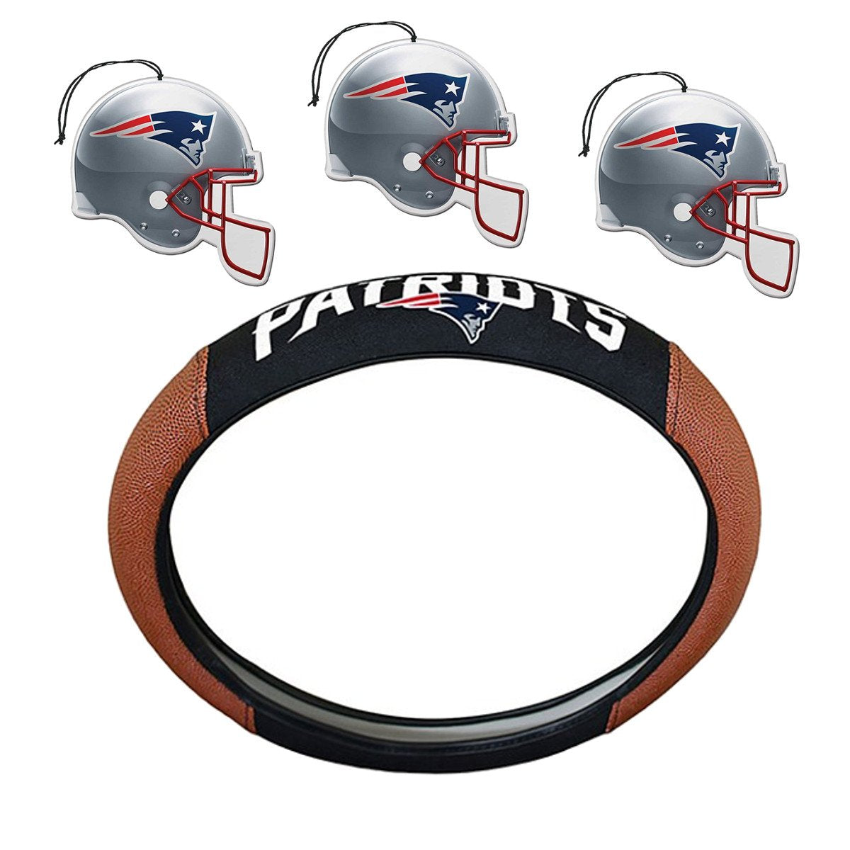 NFL Fan Shop Auto Bundle. Premium Pigskin Leather Accented Steering Wheel Cover with Embroidered Team Name and Logo along with a 3-Pack of Team Helmet Air Fresheners