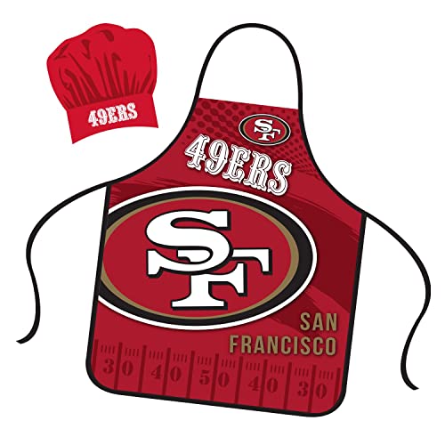 Mojo Licensing San Francisco 49ers Apron Chef Hat Set Full Color Universal Size Tie Back Grilling Tailgate BBQ Cooking Host
