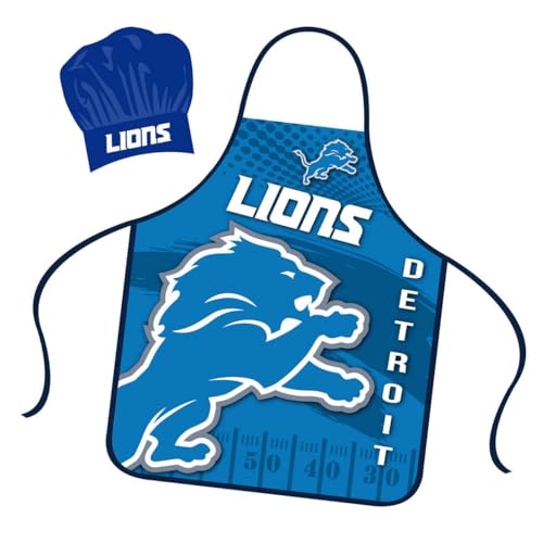 Mojo Licensing Detroit Lions Apron Chef Hat Set Full Color Universal Size Tie Back Grilling Tailgate BBQ Cooking Host