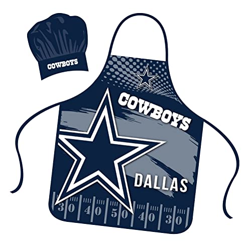 Mojo Licensing Dallas Cowboys Apron Chef Hat Set Full Color Universal Size Tie Back Grilling Tailgate BBQ Cooking Host
