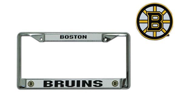 Official National Hockey League Fan Shop Licensed NHL Shop Authentic Chrome License Plate Frame and Chrome Colored Auto Emblem (Boston Bruins)