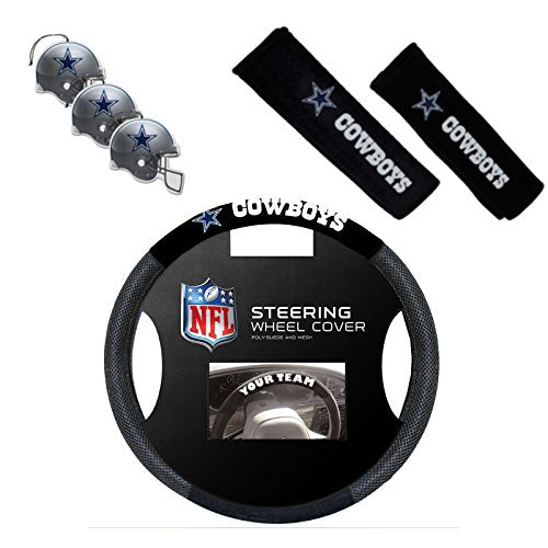 Fremont Die/TeamProMark Official National Football League Fan Shop Authentic NFL Auto Accessories Bundle - Team Steering Wheel Cover, Air Fresheners and Seat Belt Cover