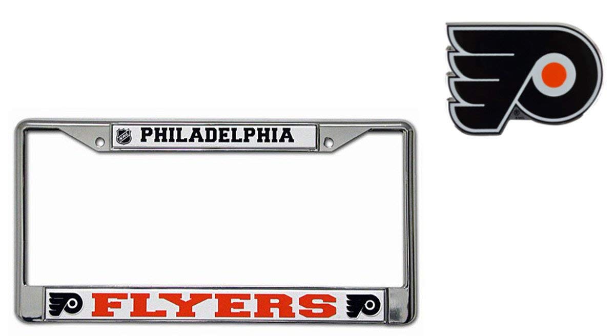 Official National Hockey League Fan Shop Licensed NHL Shop Authentic Chrome License Plate Frame and Chrome Colored Auto Emblem (Philadelphia Flyers)