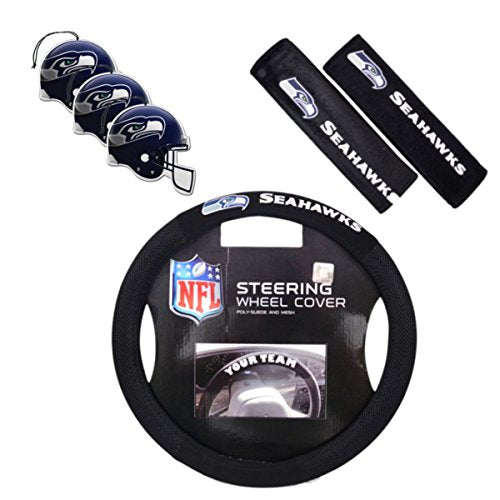 Fremont Die/TeamProMark Official National Football League Fan Shop Authentic NFL Auto Accessories Bundle - Team Steering Wheel Cover, Air Fresheners and Seat Belt Cover