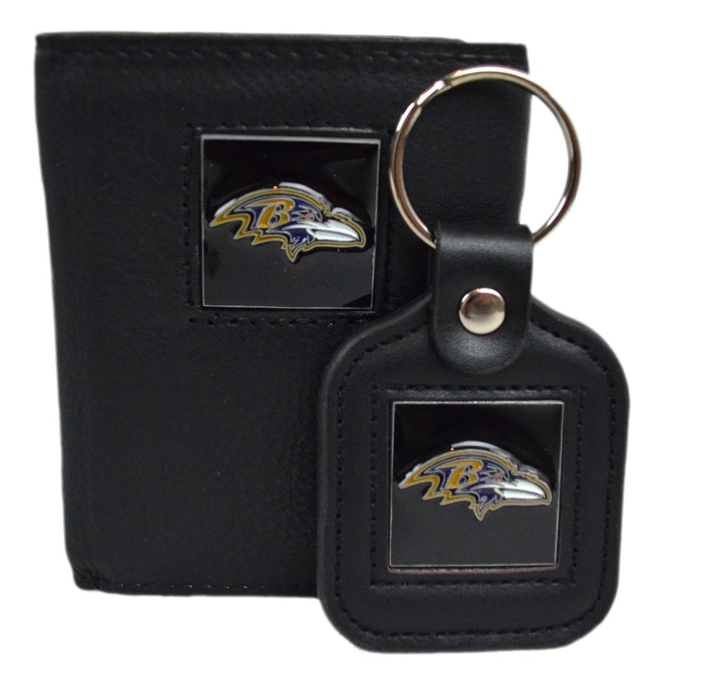 Official National Football League Fan Shop Authentic Genuine Leather NFL Trifold Wallet and Key Chain Bundled Set