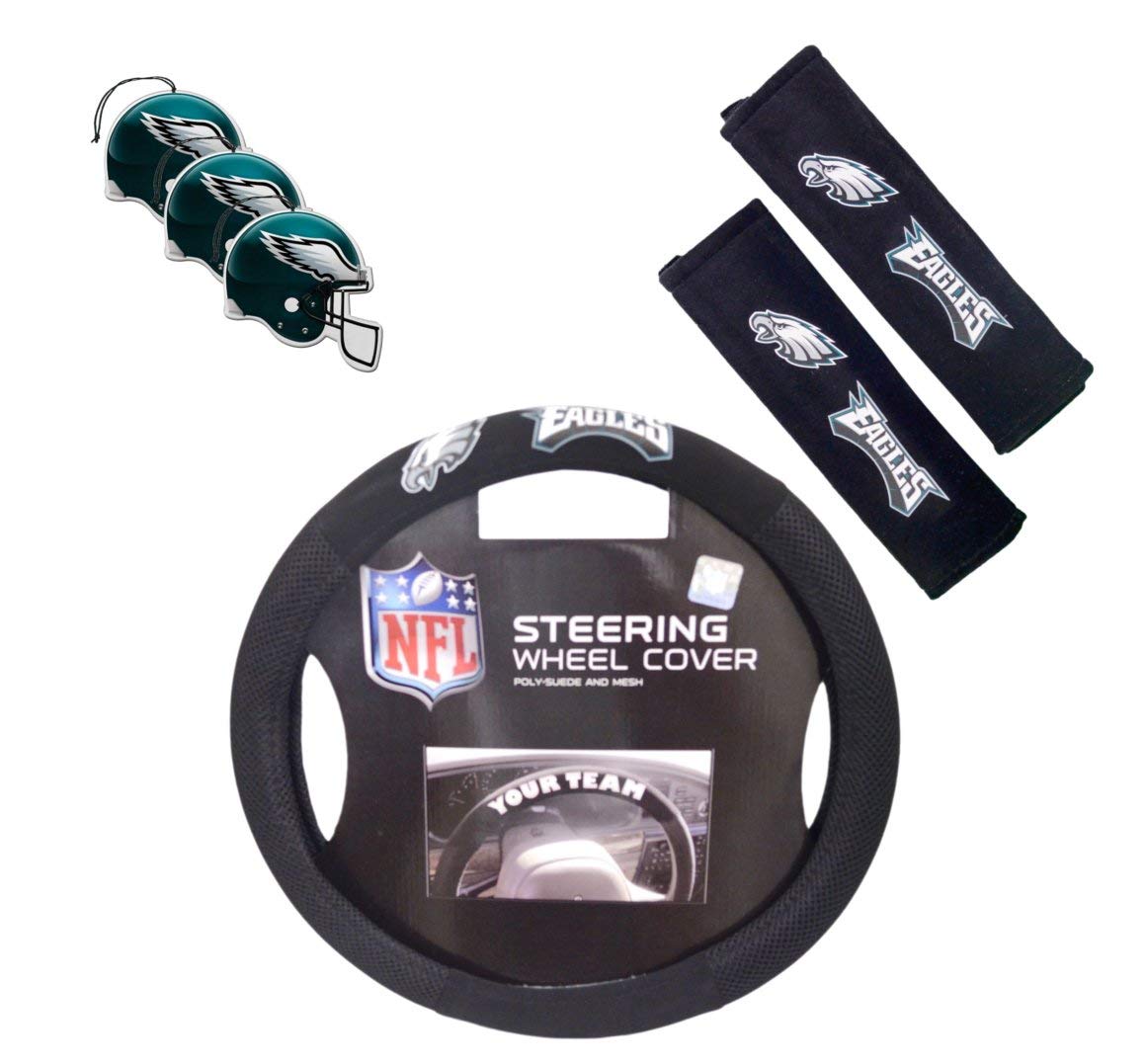 Fremont Die/TeamProMark Official National Football League Fan Shop Authentic NFL Auto Accessories Bundle - Team Steering Wheel Cover, Air Fresheners and Seat Belt Cover