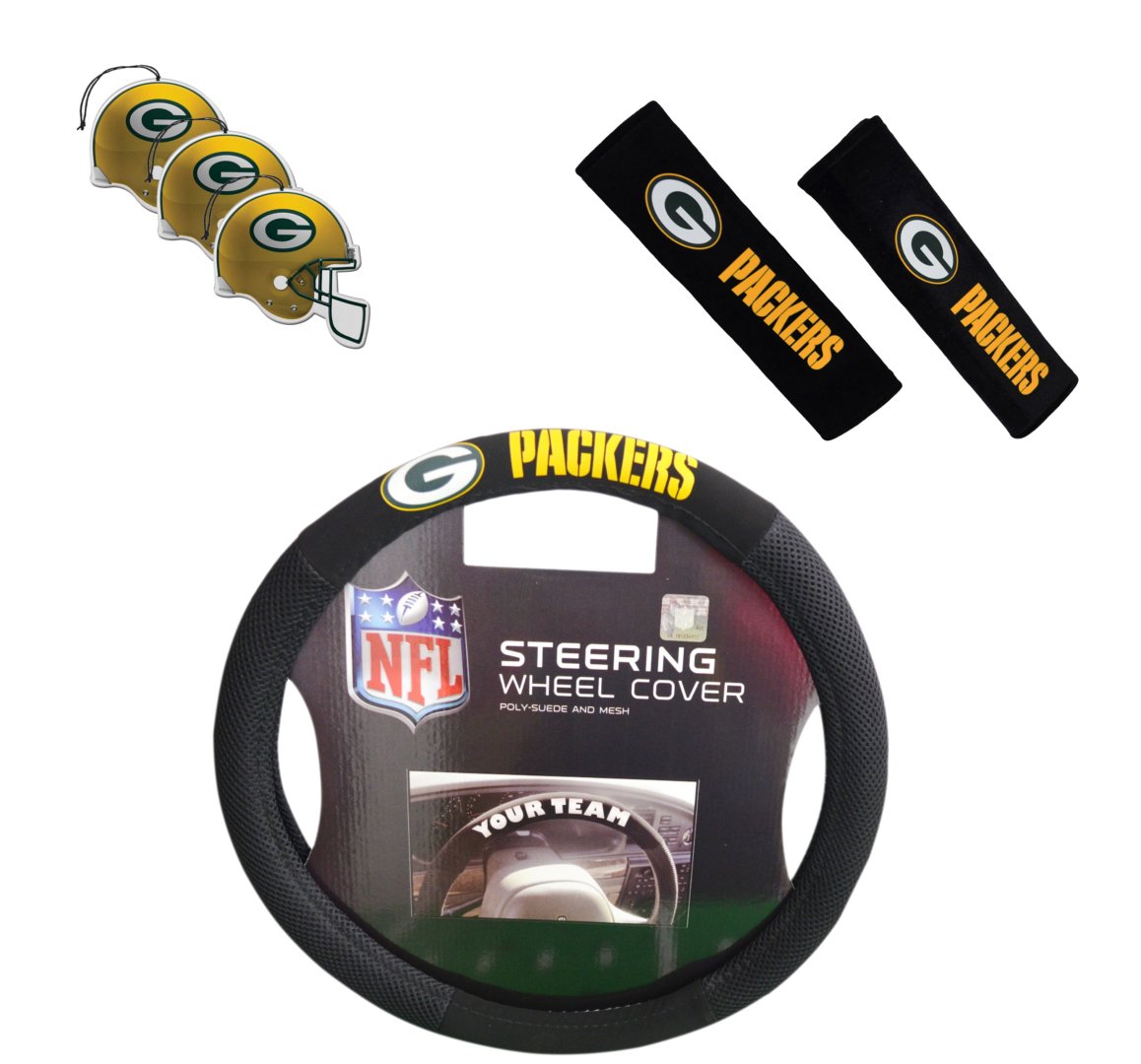 Fremont Die/TeamProMark Official National Football League Fan Shop Authentic NFL Auto Accessories Bundle - Team Steering Wheel Cover, Air Fresheners and Seat Belt Cover