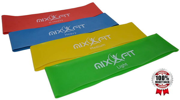 Mixxfit Resistance Bands - Flat Loop Training Exercise Bands. 4 Piece Set in Light, Medium, Heavy and X-heavy Resistant Levels. Great for Home Training and Therapy/rehab Workouts. Use for Yoga and Pilates. Workout Pamphlet and Carrying Bag Included (12"