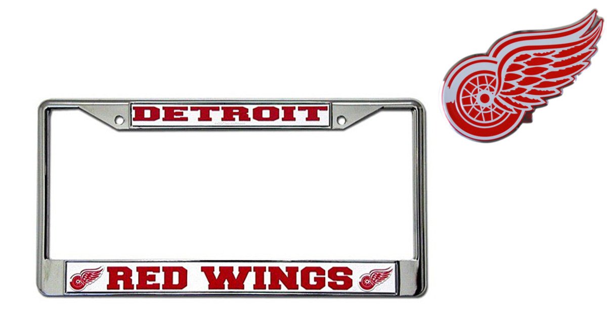Official National Hockey League Fan Shop Licensed NHL Shop Authentic Chrome License Plate Frame and Chrome Colored Auto Emblem (Detroit Red Wings)
