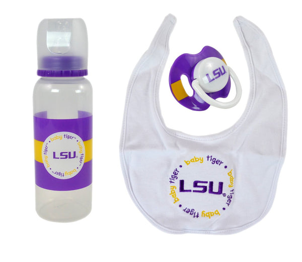 Official NCAA Fan Shop Authentic Baby Starter Set - Bib, Pacifier and Bottle. Start the Little Ones Out Early in Joining the Fan Club as well as Show Support for Your Favorite College. Portrait Time
