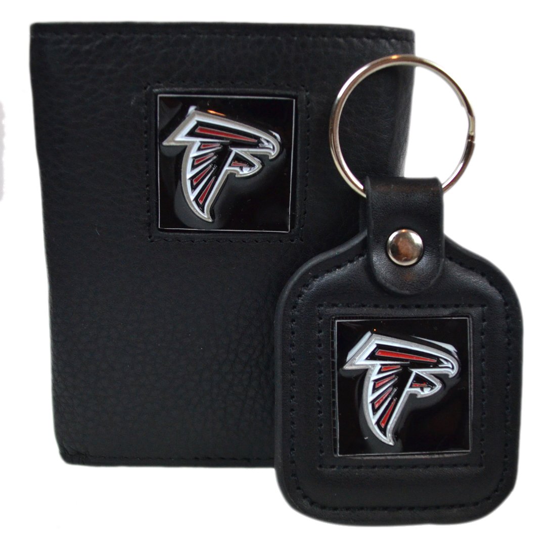 Official National Football League Fan Shop Authentic Genuine Leather NFL Trifold Wallet and Key Chain Bundled Set