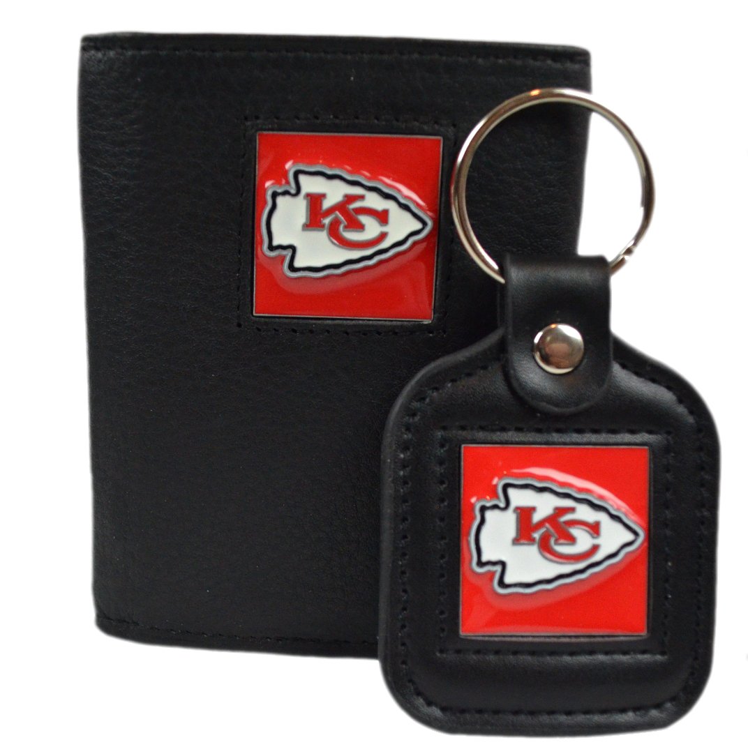 Official National Football League Fan Shop Authentic Genuine Leather NFL Trifold Wallet and Key Chain Bundled Set