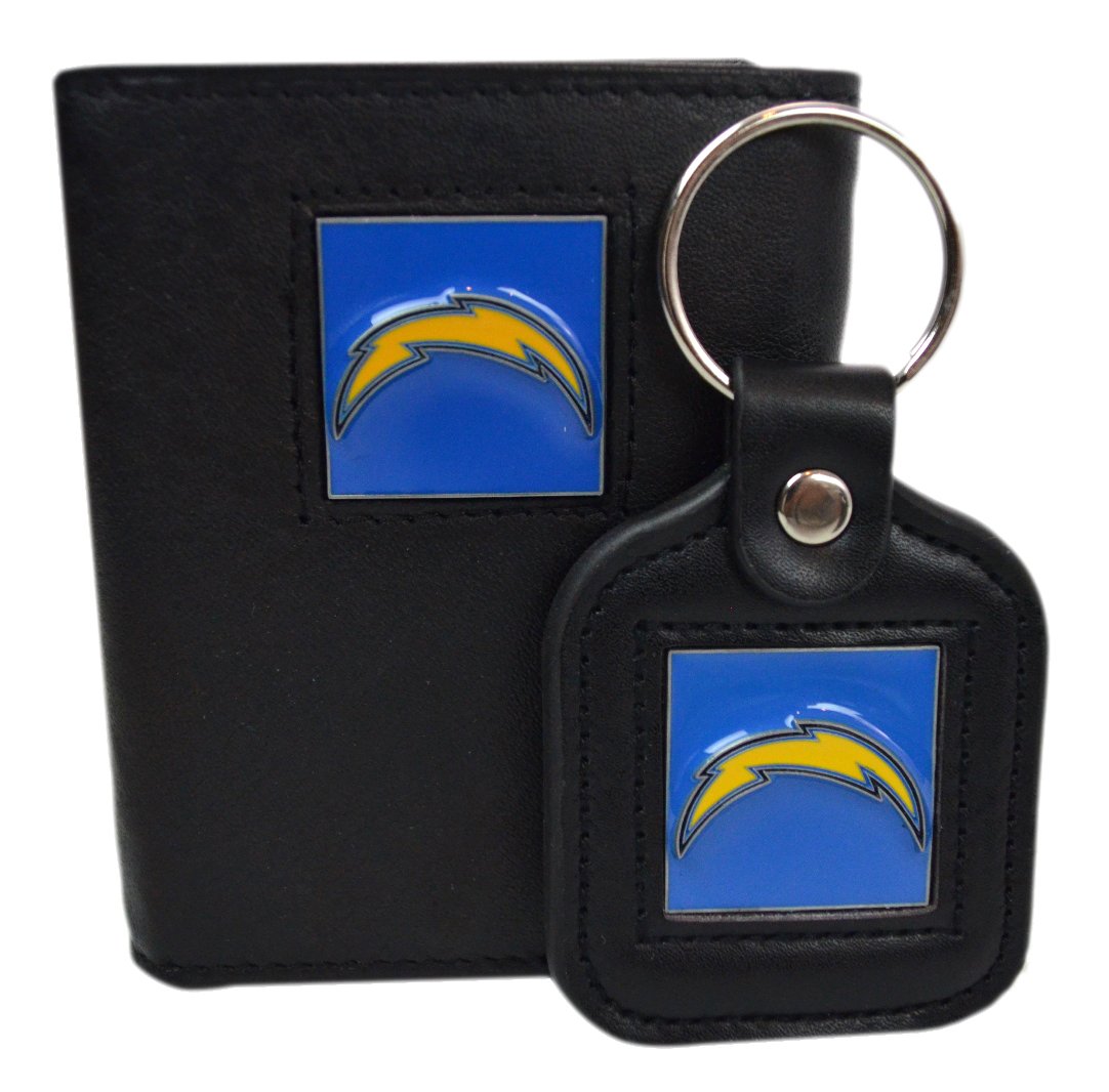 Official National Football League Fan Shop Authentic Genuine Leather NFL Trifold Wallet and Key Chain Bundled Set