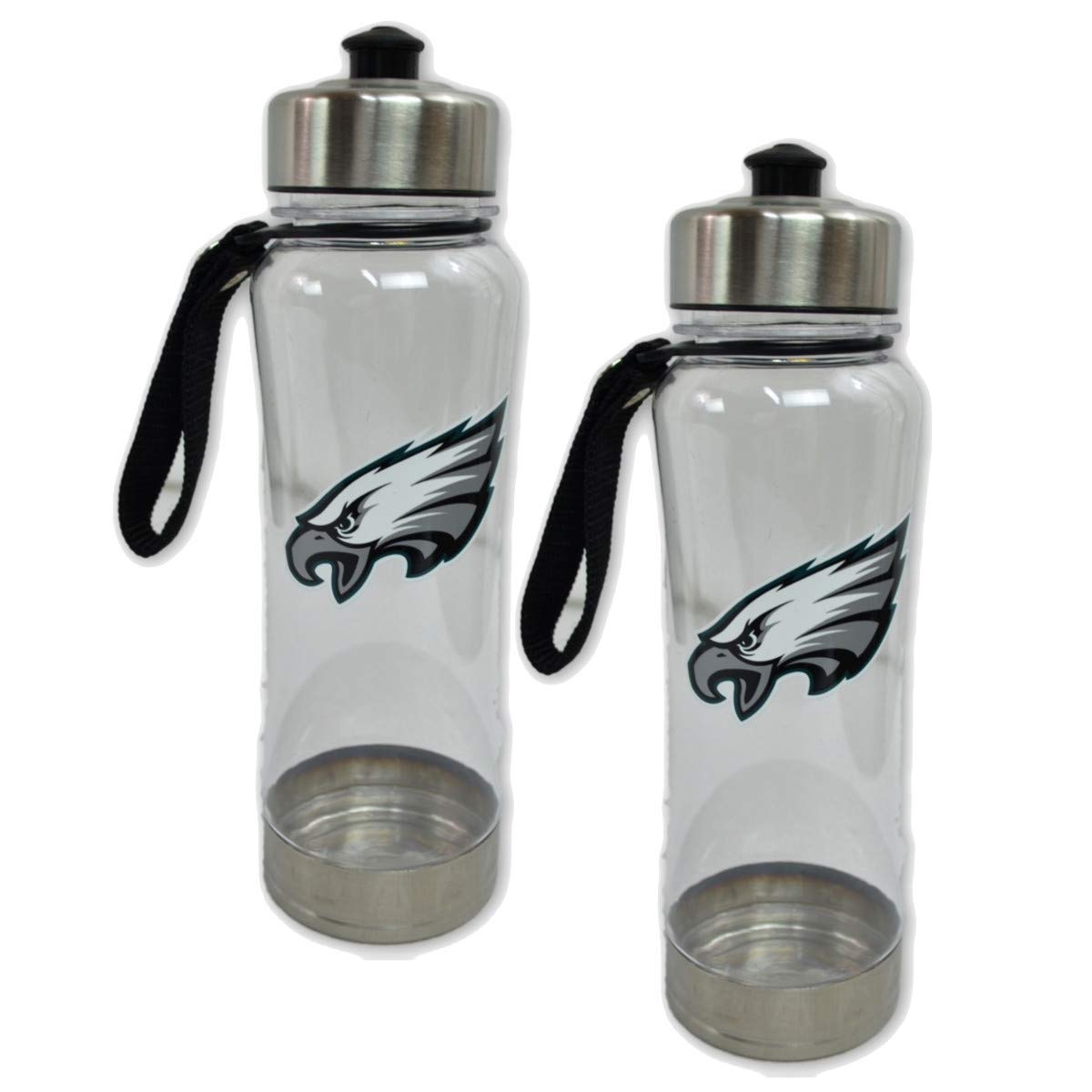 Duck House Official National Football League Fan Shop Authentic 2-Pack NFL Stainless Steel and Clear Clip-On 20oz Stainless Steel Water Bottle Bundle
