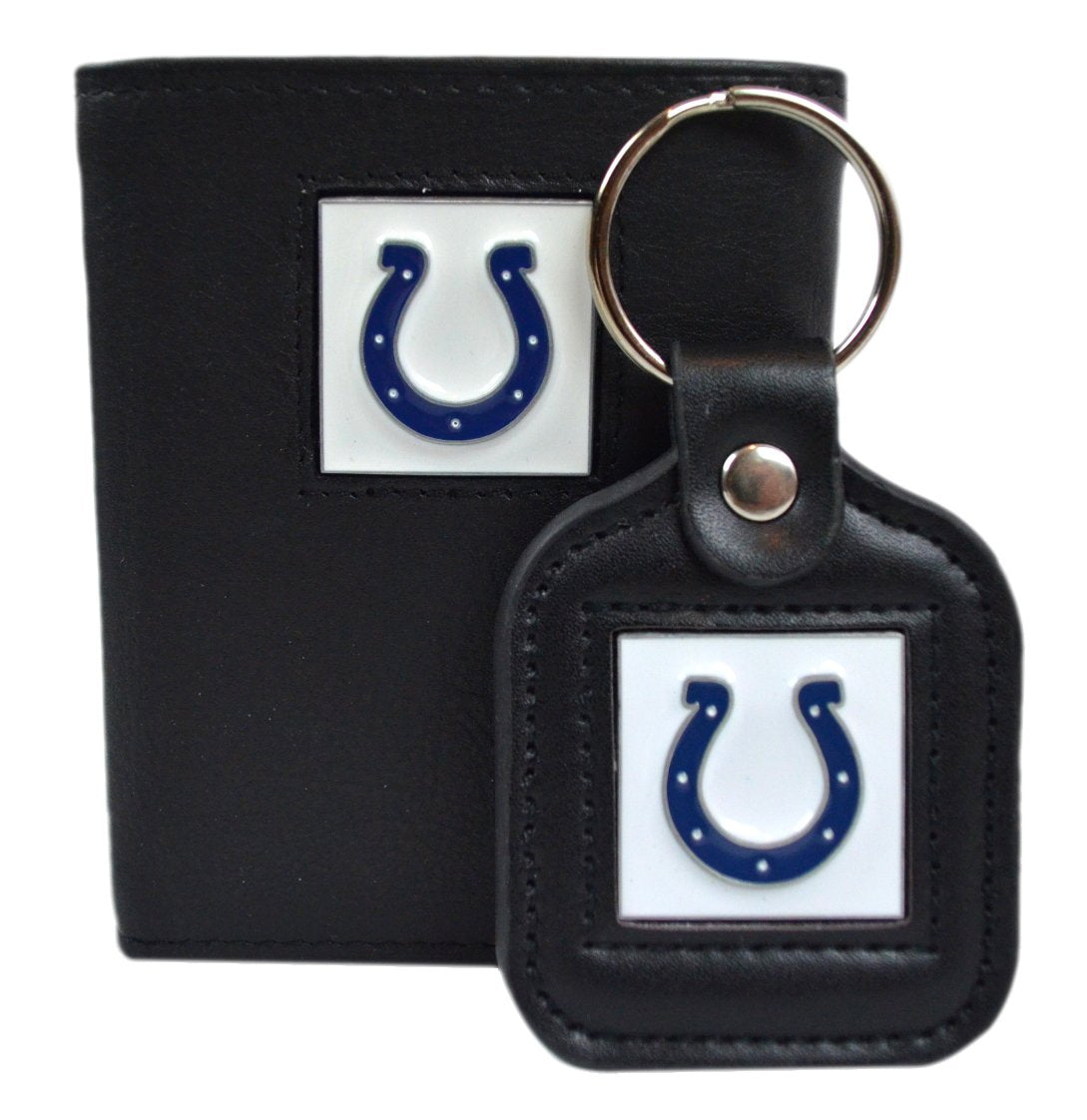 Official National Football League Fan Shop Authentic Genuine Leather NFL Trifold Wallet and Key Chain Bundled Set