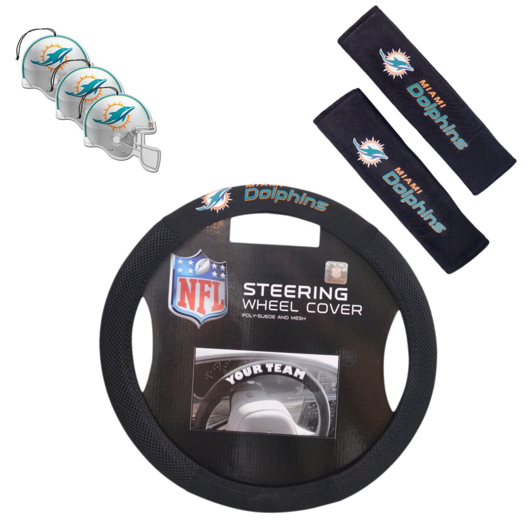Fremont Die/TeamProMark Official National Football League Fan Shop Authentic NFL Auto Accessories Bundle - Team Steering Wheel Cover, Air Fresheners and Seat Belt Cover