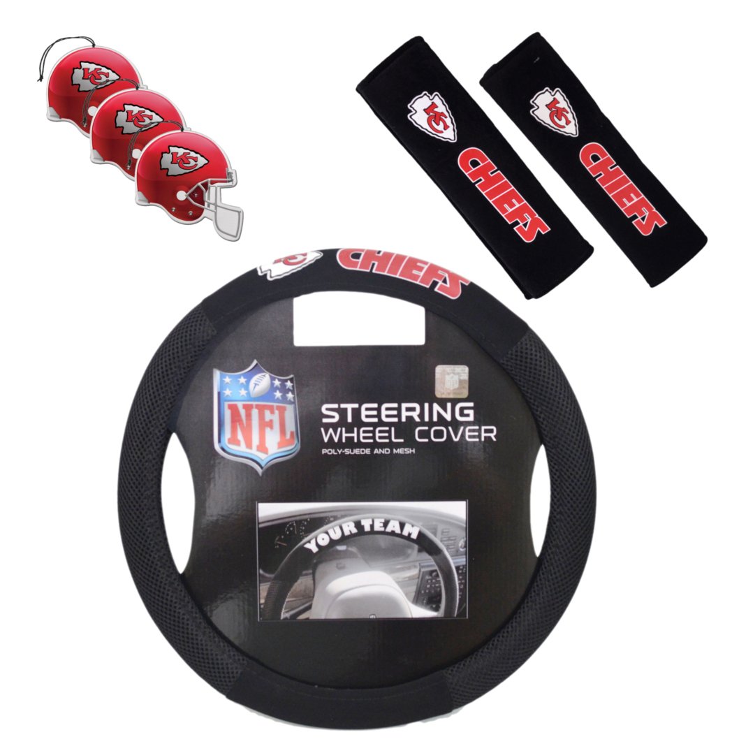 Fremont Die/TeamProMark Official National Football League Fan Shop Authentic NFL Auto Accessories Bundle - Team Steering Wheel Cover, Air Fresheners and Seat Belt Cover