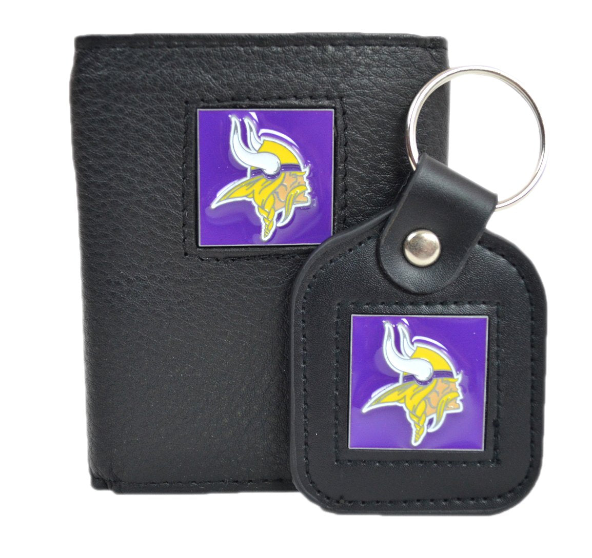 Official National Football League Fan Shop Authentic Genuine Leather NFL Trifold Wallet and Key Chain Bundled Set
