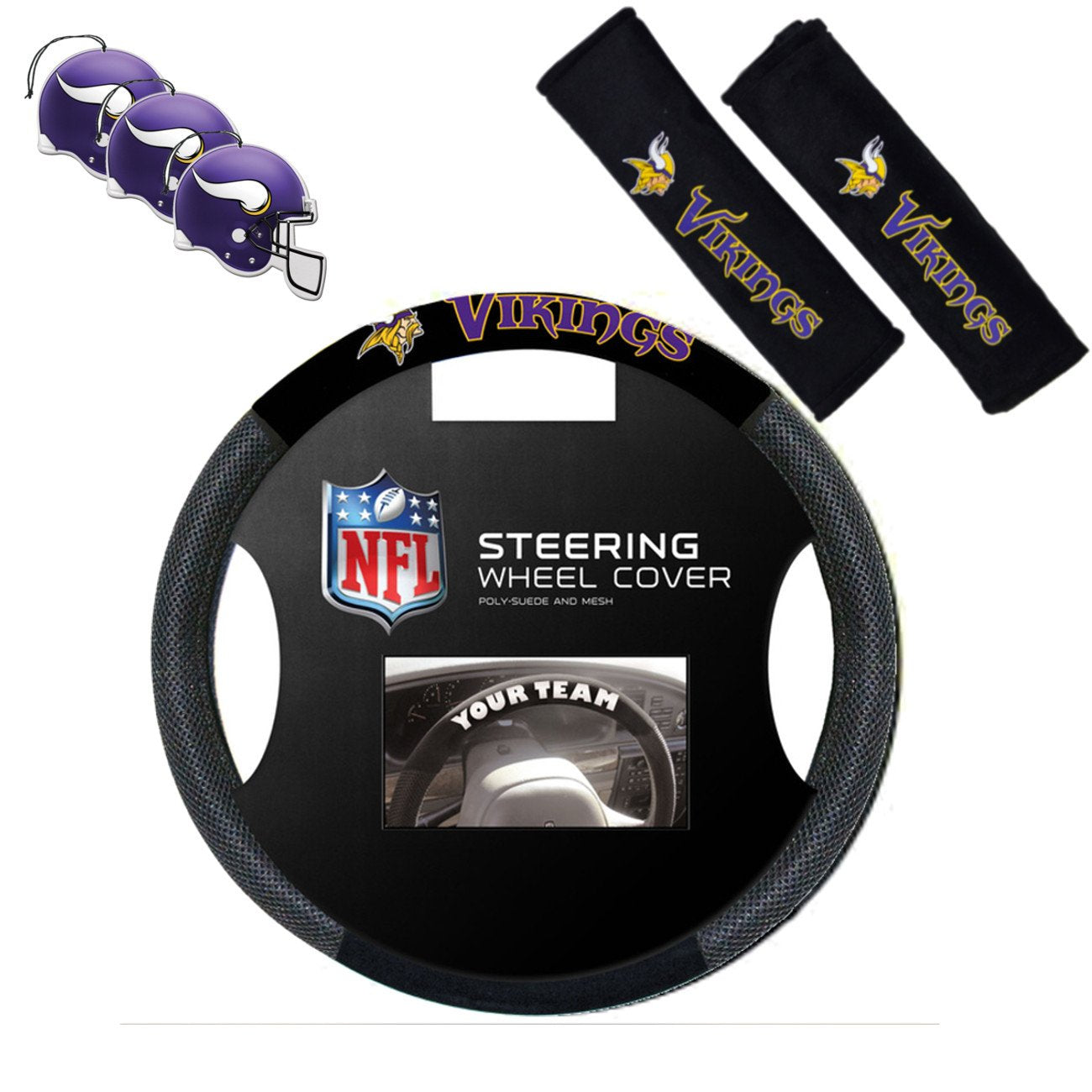 Fremont Die/TeamProMark Official National Football League Fan Shop Authentic NFL Auto Accessories Bundle - Team Steering Wheel Cover, Air Fresheners and Seat Belt Cover