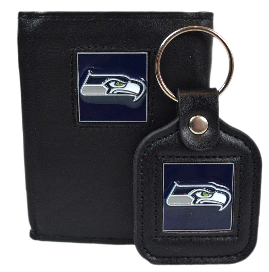 Official National Football League Fan Shop Authentic Genuine Leather NFL Trifold Wallet and Key Chain Bundled Set