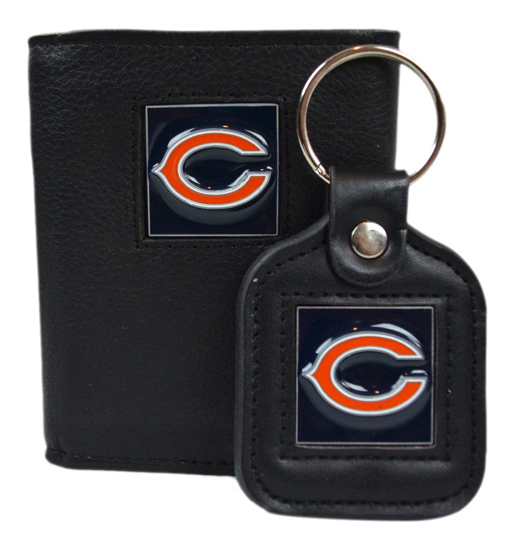 Official National Football League Fan Shop Authentic Genuine Leather NFL Trifold Wallet and Key Chain Bundled Set