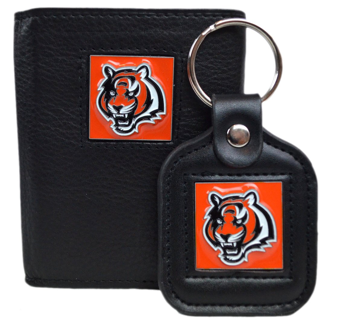 Official National Football League Fan Shop Authentic Genuine Leather NFL Trifold Wallet and Key Chain Bundled Set