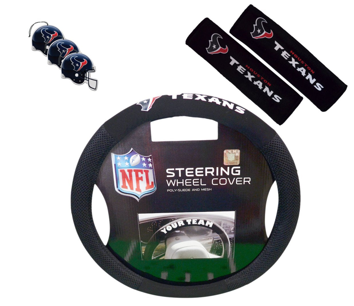 Fremont Die/TeamProMark Official National Football League Fan Shop Authentic NFL Auto Accessories Bundle - Team Steering Wheel Cover, Air Fresheners and Seat Belt Cover