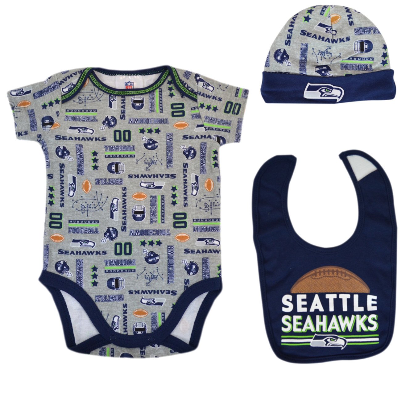 Official National Football League Fan Shop Authentic NFL Baby 3-pc Body Suit Onesie, Cap and Bib Bundled Set