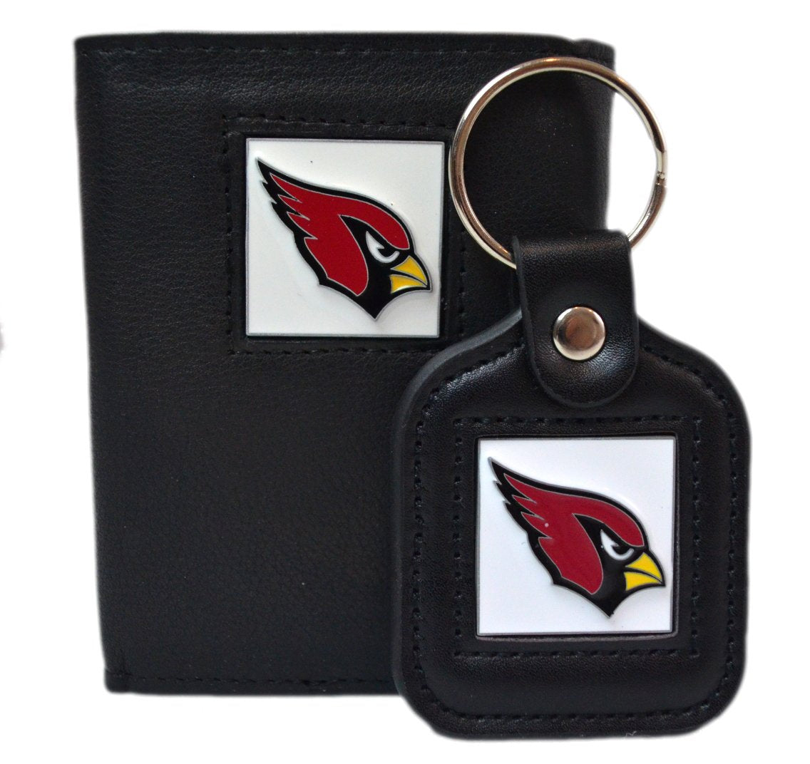 Official National Football League Fan Shop Authentic Genuine Leather NFL Trifold Wallet and Key Chain Bundled Set