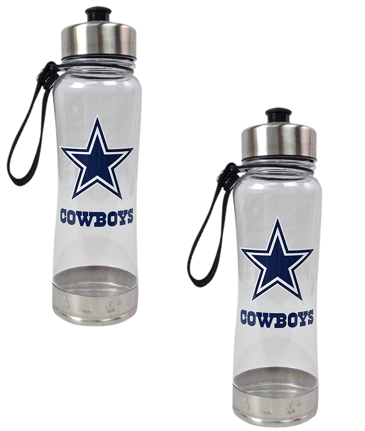 Duck House Official National Football League Fan Shop Authentic 2-Pack NFL Stainless Steel and Clear Clip-On 20oz Stainless Steel Water Bottle Bundle
